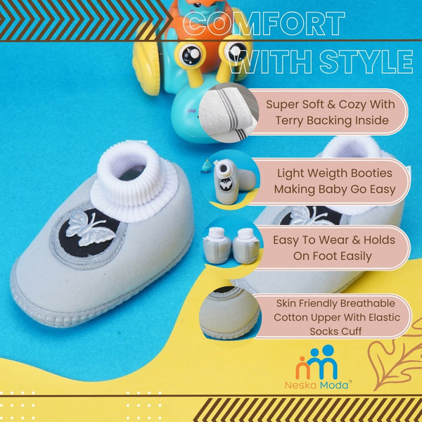 6 To 12 Months Baby Girls & Baby Boys Soft Cotton Cute Butterfly Booties (Grey,Black)-BT4415