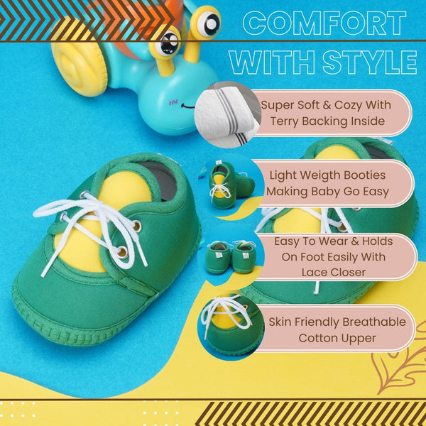 6 To 12 Months Baby Boys & Baby Girls Cute Soft Cotton Pre-Walker Lace Booties (Green,Yellow)-BT4431
