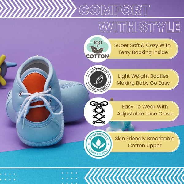 6 To 12 Months Baby Boys & Baby Girls Cute Soft Cotton Pre-Walker Lace Booties (Sky Blue)