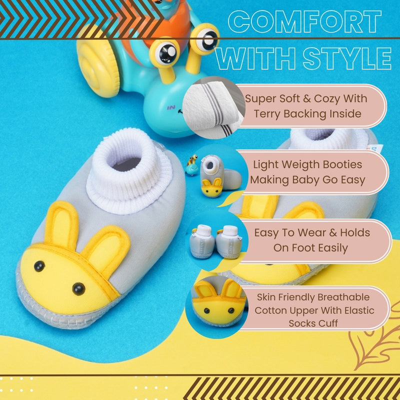 6 To 12 Months Baby Boys & Baby Girls Cute Soft Cotton Pre-Walker Rabbit Face Booties (Grey,Yellow)-BT4423