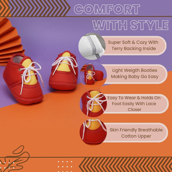 6 To 12 Months Baby Boys & Baby Girls Cute Soft Cotton Pre-Walker Lace Booties (Red,Yellow)-BT4429