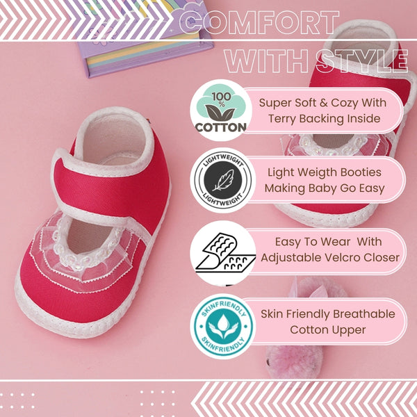 6 To 12 Months Baby Girls Cute Soft Cotton Pre-Walker Frill Booties (Rani Pink)
