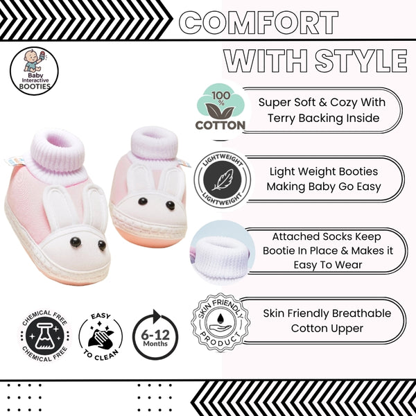 6 To 12 Months Baby Boys & Girls Cute Soft Cotton Pre-Walker Rabbit Face Booties (Pink)-SK178
