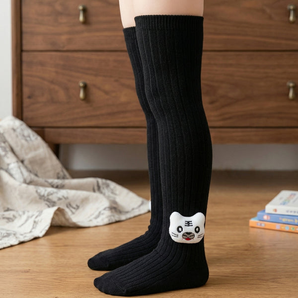 Unisex Cotton Black Calf Length Kids Long Cat Face Socks-SK966andF05