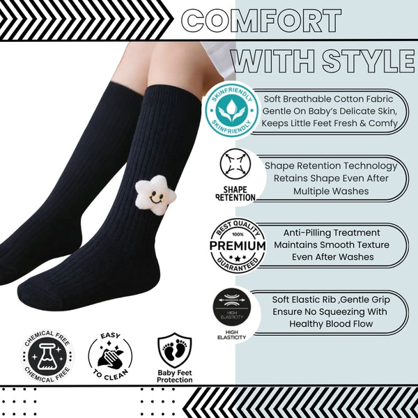 Baby Unisex Cotton Calf Length Black Kids Long Smiley Star Face Socks-SK1063andF08