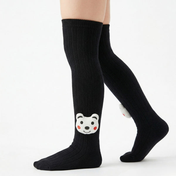 Unisex Cotton Black Calf Length Kids Long Bear Face Socks-SK966andF21