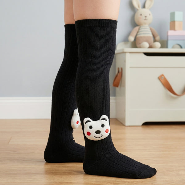 Unisex Cotton Black Calf Length Kids Long Bear Face Socks-SK1221andF21