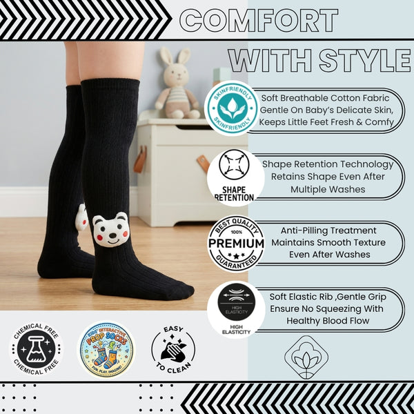 Unisex Cotton Black Calf Length Kids Long Bear Face Socks-SK1221andF21