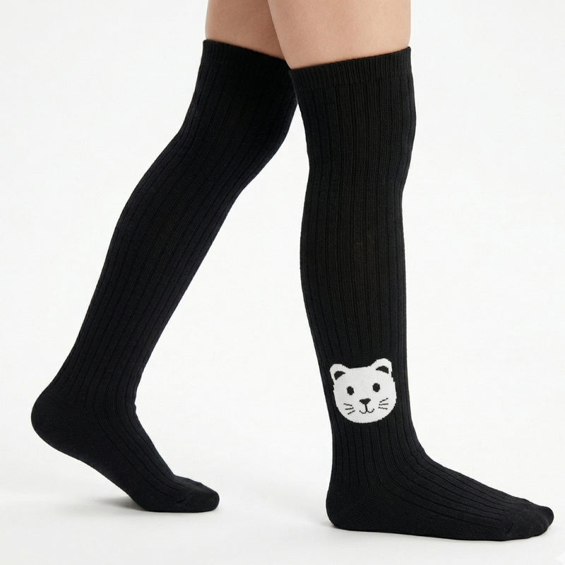 Unisex Cotton Black Calf Length Kids Long Cat Face Socks-SK1221andF37