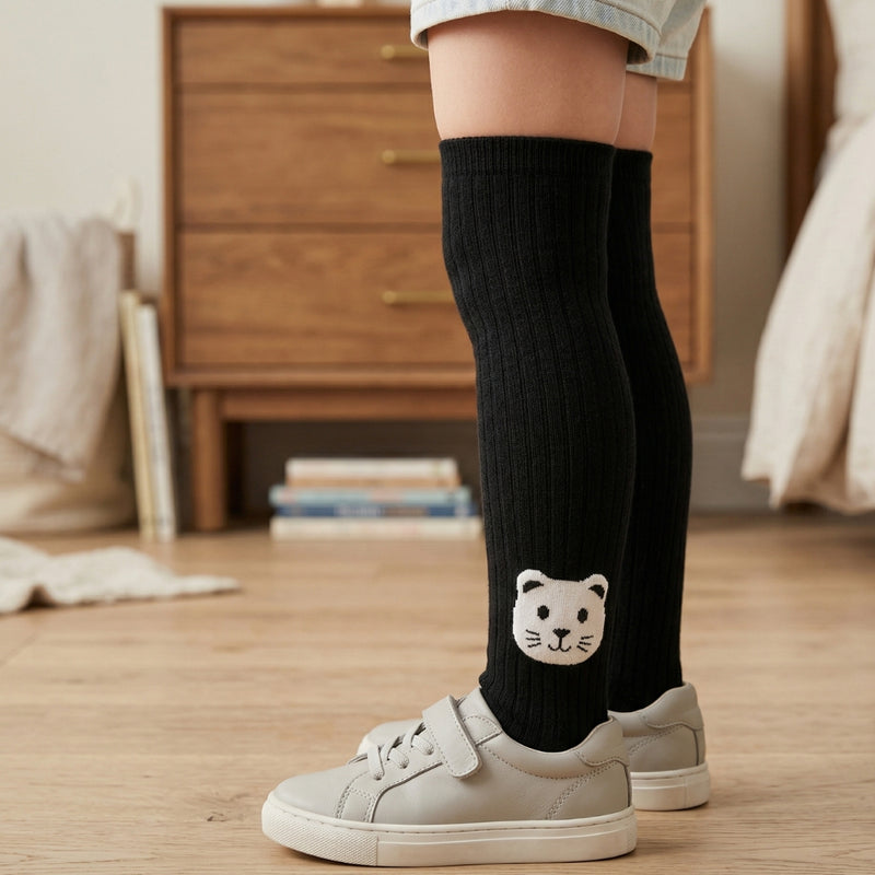 Unisex Cotton Black Calf Length Kids Long Cat Face Socks-SK1063andF37