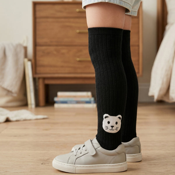 Unisex Cotton Black Calf Length Kids Long Cat Face Socks-SK966andF37