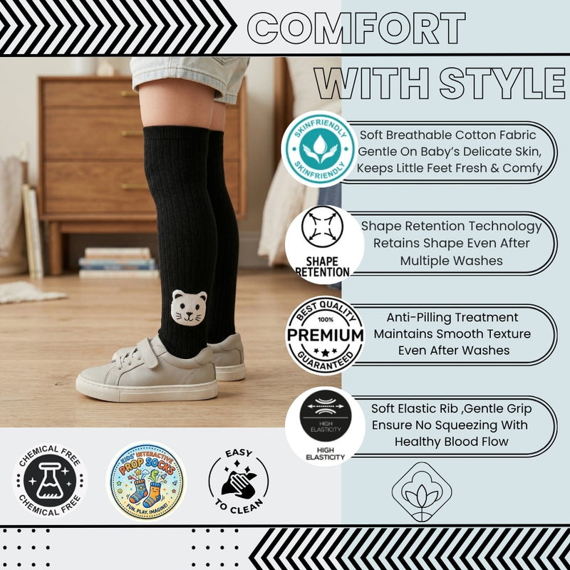 Unisex Cotton Black Calf Length Kids Long Cat Face Socks-SK966andF37