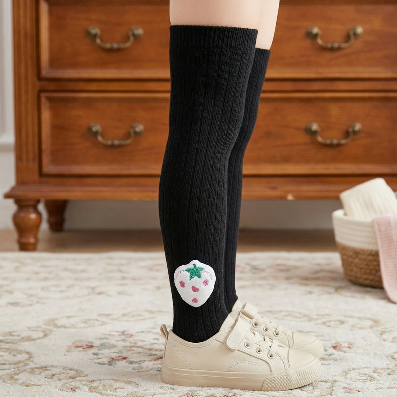 Unisex Cotton Black Calf Length Kids Long Strawberry Face Socks-SK1063andF44