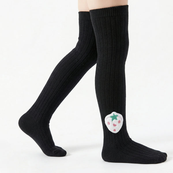 Unisex Cotton Black Calf Length Kids Long Strawberry Face Socks-SK1063andF44