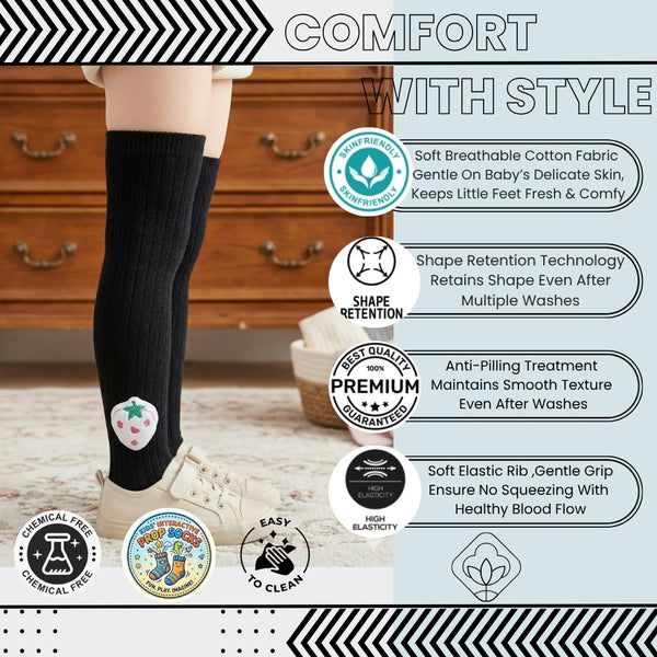 Unisex Cotton Black Calf Length Kids Long Strawberry Face Socks-SK966andF44