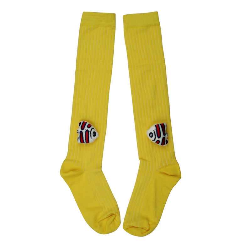 Unisex Cotton Yellow Calf Length Kids Long Fish Face Socks-SK1222andF11