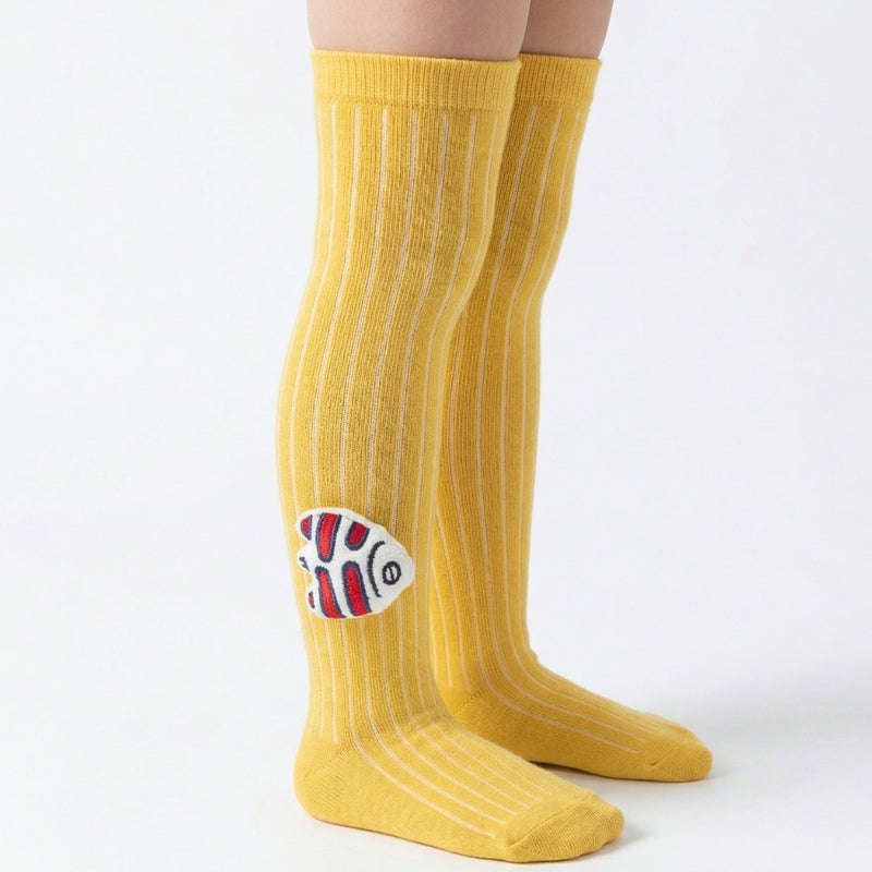 Unisex Cotton Yellow Calf Length Kids Long Fish Face Socks-SK967andF11