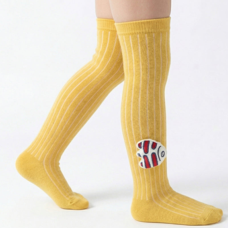 Unisex Cotton Yellow Calf Length Kids Long Fish Face Socks-SK1222andF11