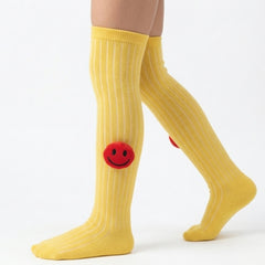 Unisex Cotton Yellow Calf Length Kids Long Smiley Face Socks-SK967andF16