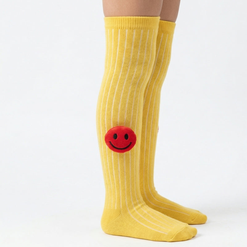 Unisex Cotton Yellow Calf Length Kids Long Smiley Face Socks-SK1222andF16