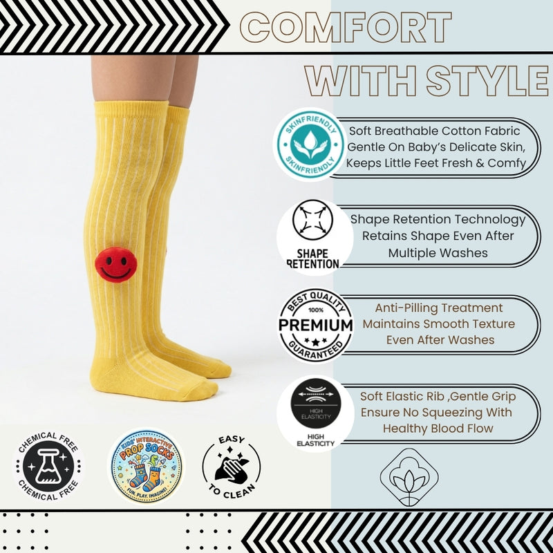 Unisex Cotton Yellow Calf Length Kids Long Smiley Face Socks-SK1222andF16
