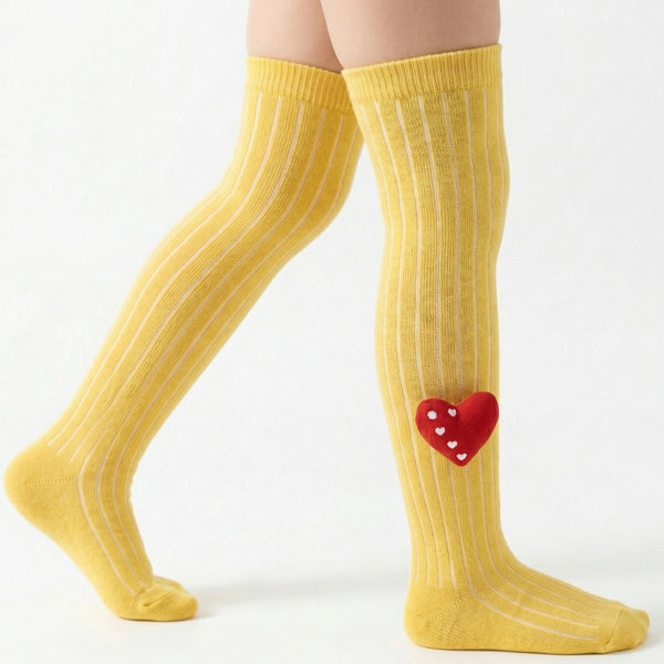 Unisex Cotton Yellow Calf Length Kids Long Heart Face Socks-SK1065andF17