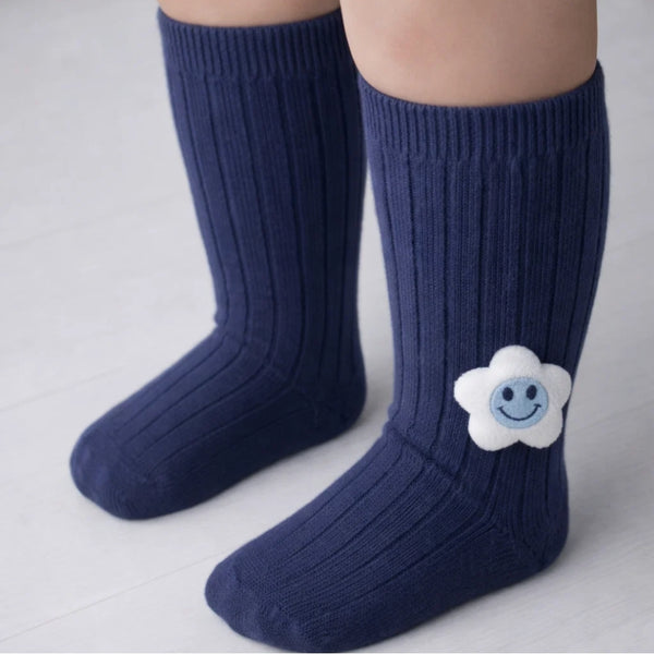Baby Unisex Cotton Calf Length Blue Kids Long Smiley Star Face Socks-SK962andF09