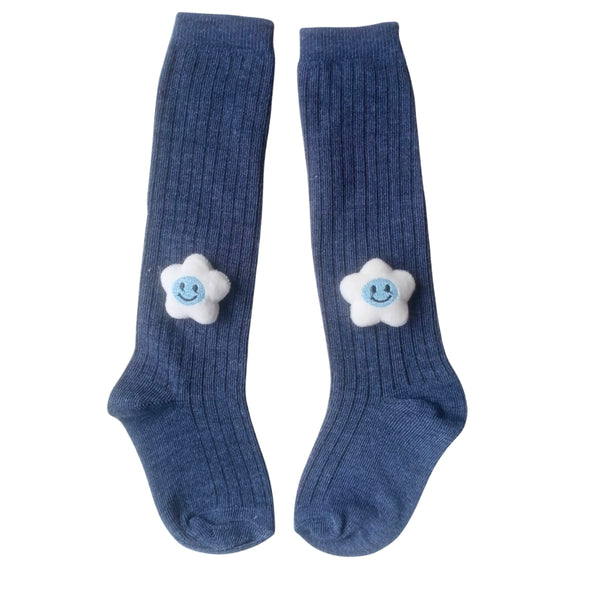 Baby Unisex Cotton Calf Length Blue Kids Long Smiley Star Face Socks-SK968andF09