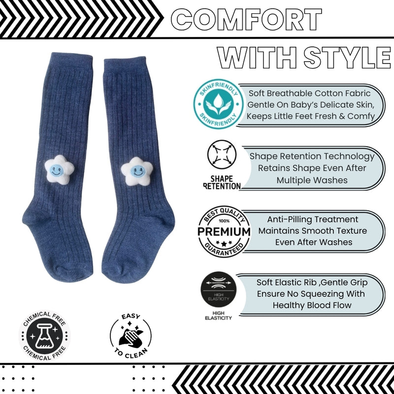 Baby Unisex Cotton Calf Length Blue Kids Long Smiley Star Face Socks-SK1067andF09