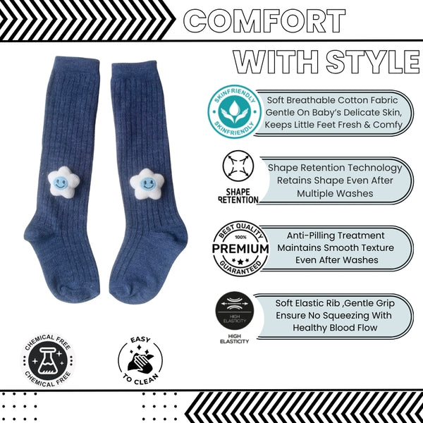 Baby Unisex Cotton Calf Length Blue Kids Long Smiley Star Face Socks-SK962andF09