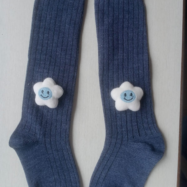Baby Unisex Cotton Calf Length Blue Kids Long Smiley Star Face Socks-SK1066andF09