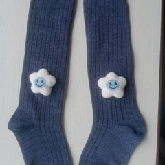 Baby Unisex Cotton Calf Length Blue Kids Long Smiley Star Face Socks-SK1067andF09
