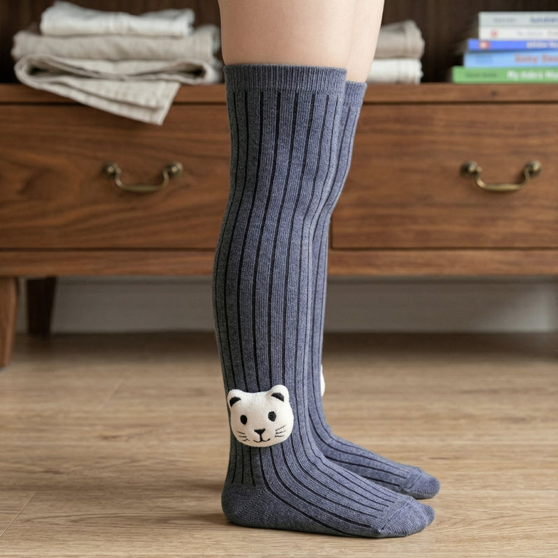 Unisex Cotton Grey Calf Length Kids Long Bear Face Socks-SK968andF37