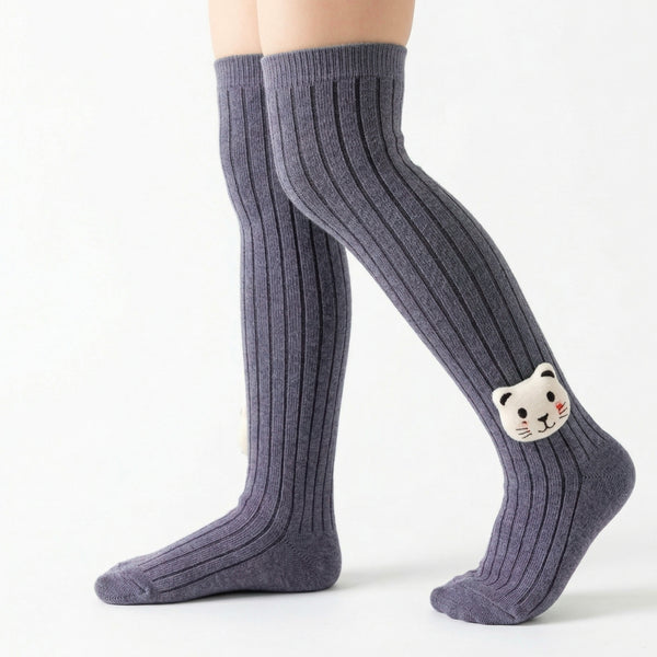 Unisex Cotton Grey Calf Length Kids Long Bear Face Socks-SK1493andF37