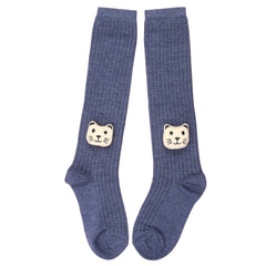 Unisex Cotton Grey Calf Length Kids Long Bear Face Socks-SK968andF37