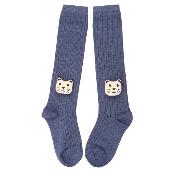 Unisex Cotton Grey Calf Length Kids Long Bear Face Socks-SK968andF37