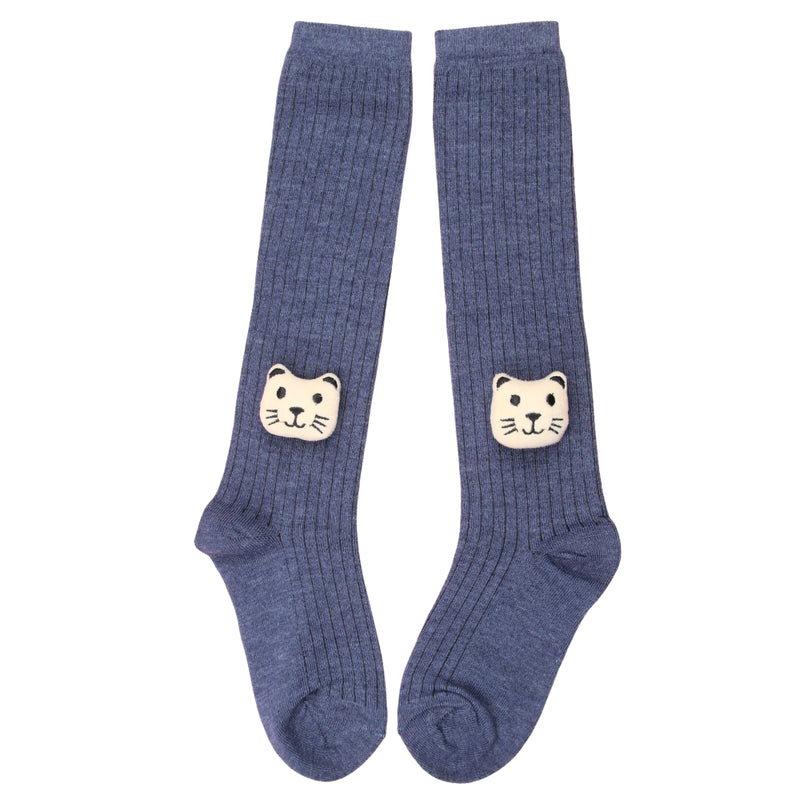 Unisex Cotton Grey Calf Length Kids Long Bear Face Socks-SK968andF37