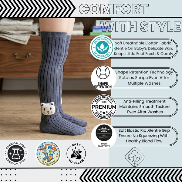 Unisex Cotton Grey Calf Length Kids Long Bear Face Socks-SK968andF37
