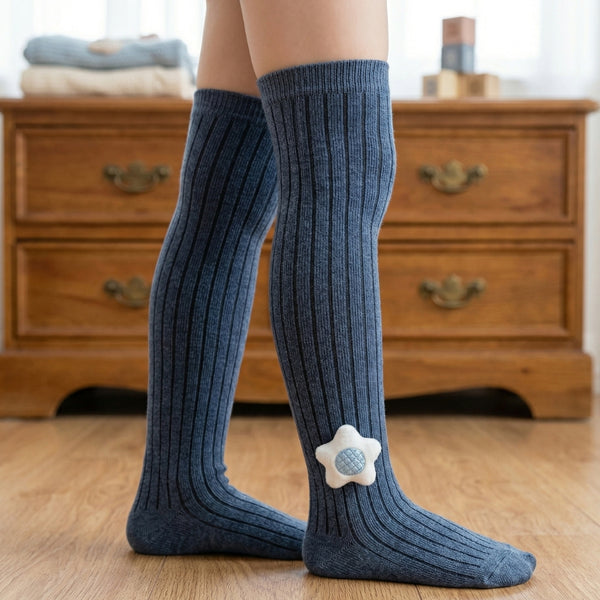 Unisex Cotton Grey Calf Length Kids Long Star Face Socks-SK1066andF41
