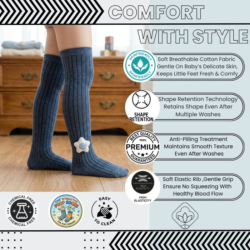 Unisex Cotton Grey Calf Length Kids Long Star Face Socks-SK1066andF41