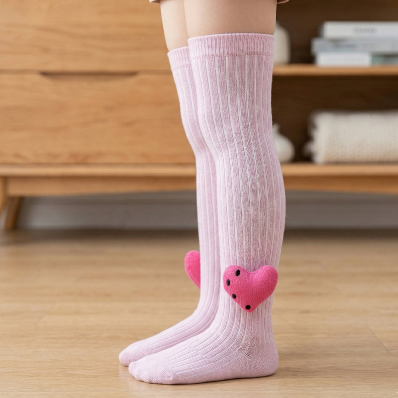 Unisex Cotton Pink Calf Length Kids Long Heart Face Socks-SK1068andF12