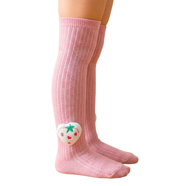 Unisex Cotton Pink Calf Length Kids Long Strawberry Face Socks-SK1068andF44