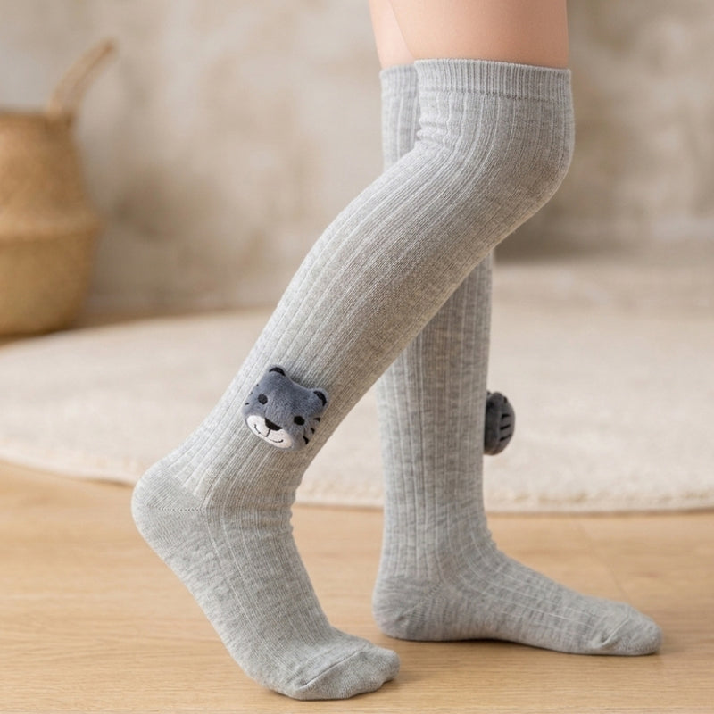 Unisex Cotton Grey Calf Length Kids Long Bear Face Socks-SK1070andF34