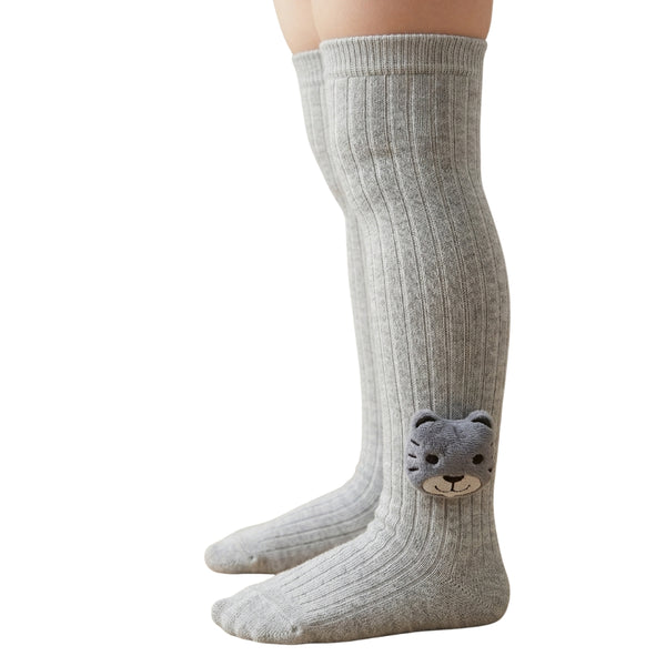 Unisex Cotton Grey Calf Length Kids Long Bear Face Socks-SK1492andF34