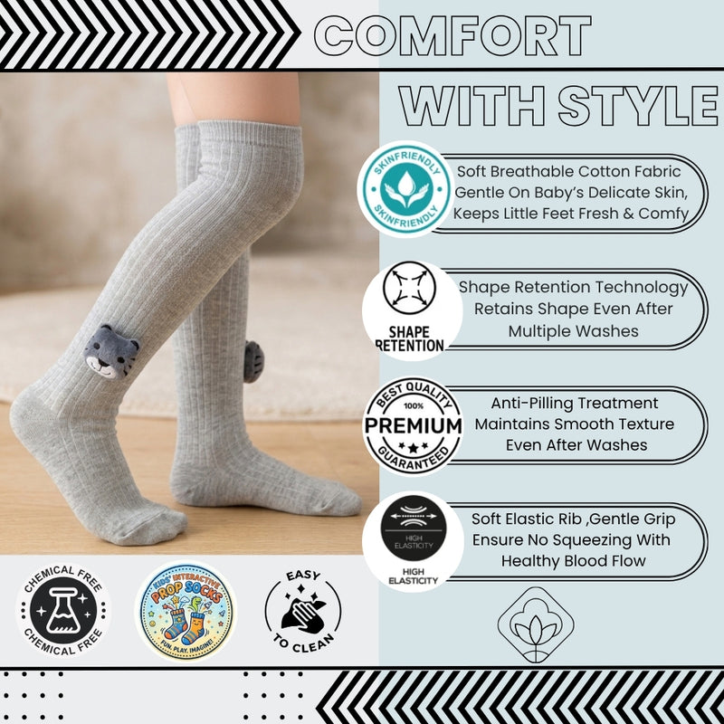 Unisex Cotton Grey Calf Length Kids Long Bear Face Socks-SK1070andF34