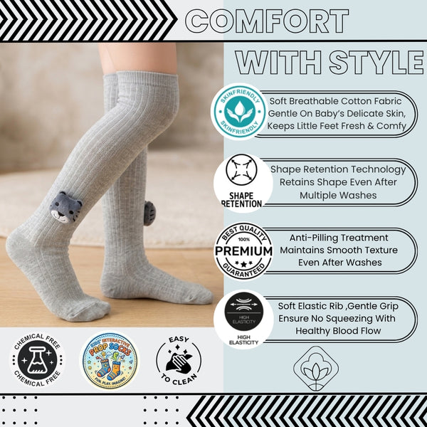Unisex Cotton Grey Calf Length Kids Long Bear Face Socks-SK971andF34
