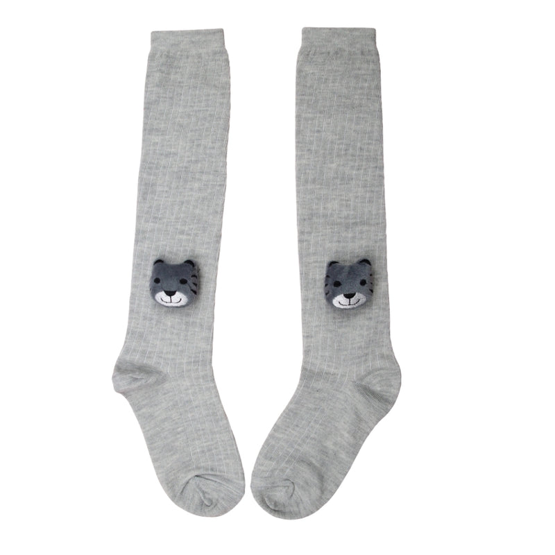 Unisex Cotton Grey Calf Length Kids Long Bear Face Socks-SK971andF34