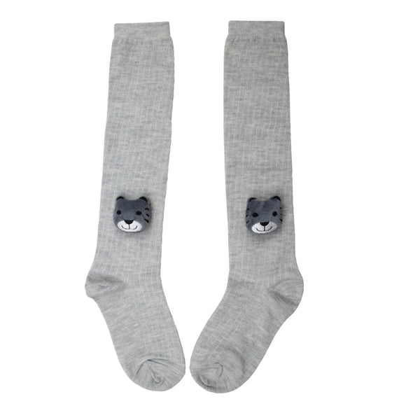 Unisex Cotton Grey Calf Length Kids Long Bear Face Socks-SK1070andF34