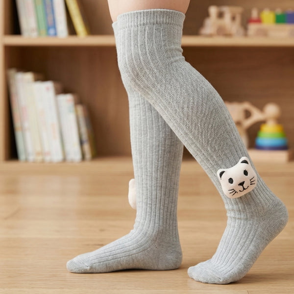 Unisex Cotton Grey Calf Length Kids Long Tiger Face Socks-SK1492andF37