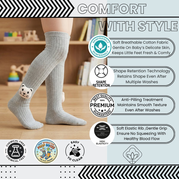 Unisex Cotton Grey Calf Length Kids Long Tiger Face Socks-SK1492andF37